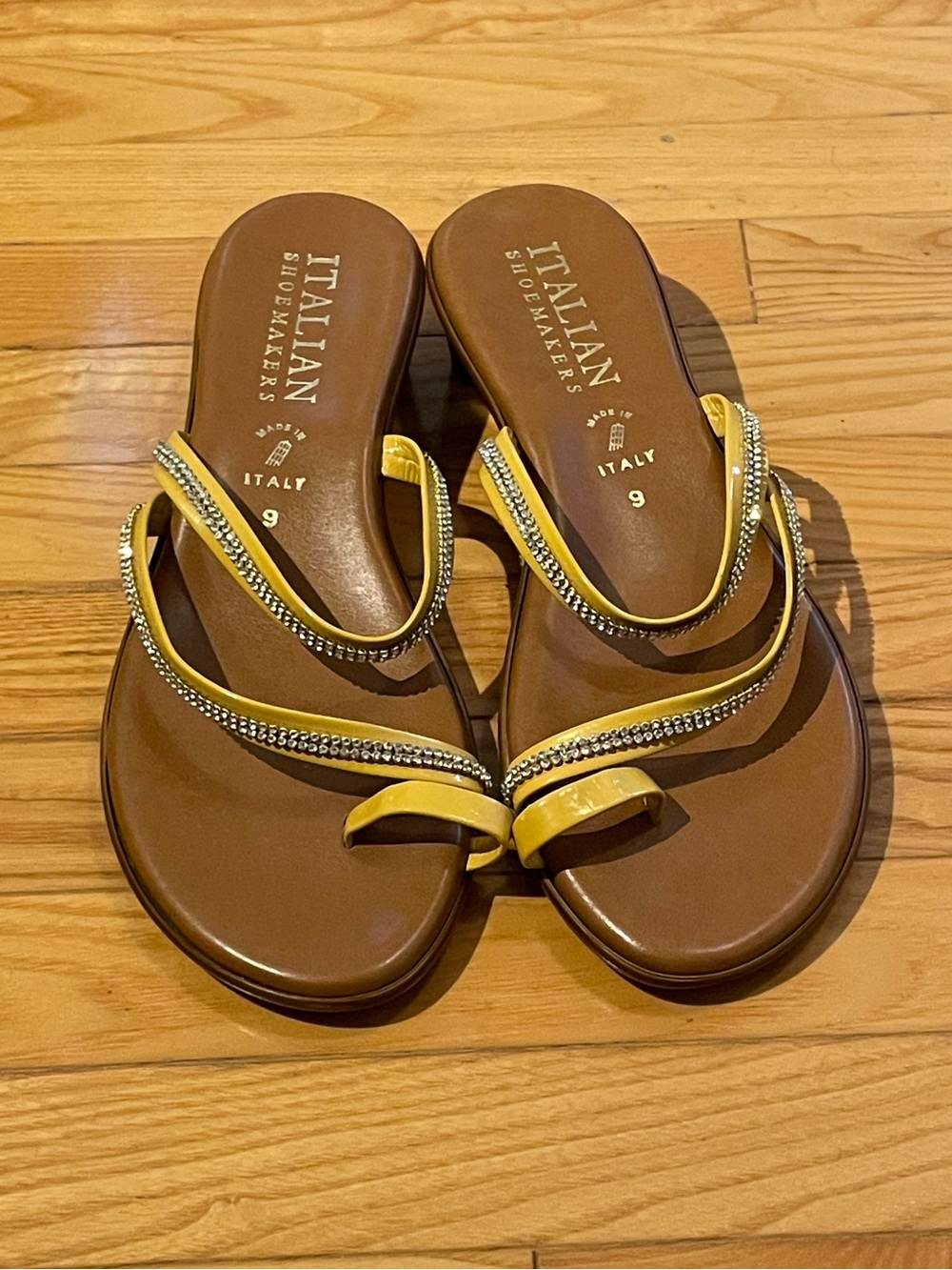 Italian Shoemakers Yellow and Brown Rhinestone Toe-Loop Sandals